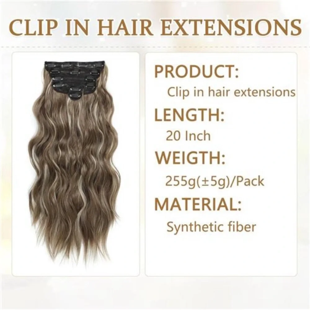 6PCS Long Wavy Curly Clip on Hair Extensions Medium Brown Mixed Ash Blonde